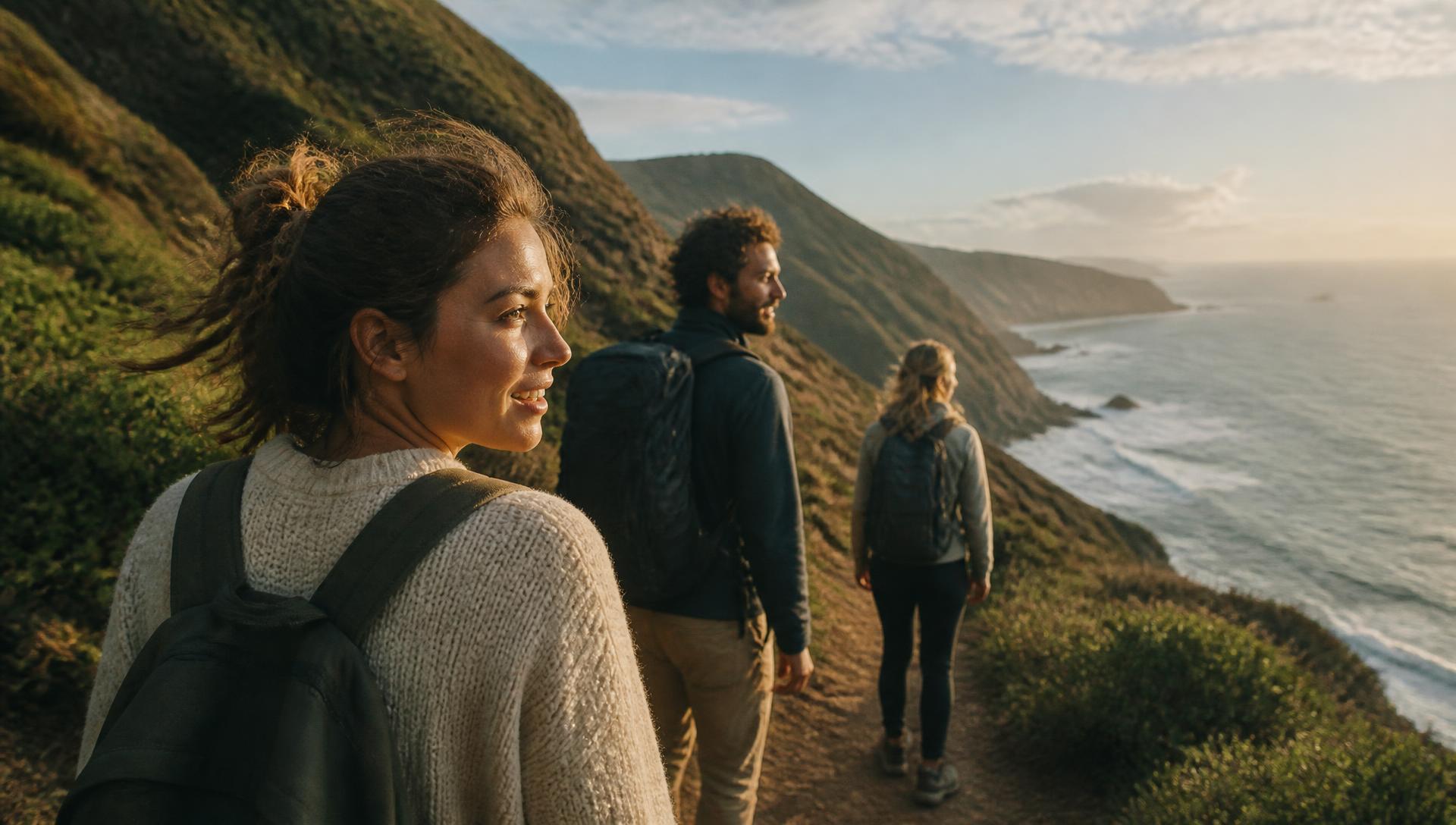 Three friends hiking a green coastal ridge trail above the ocean at golden hour