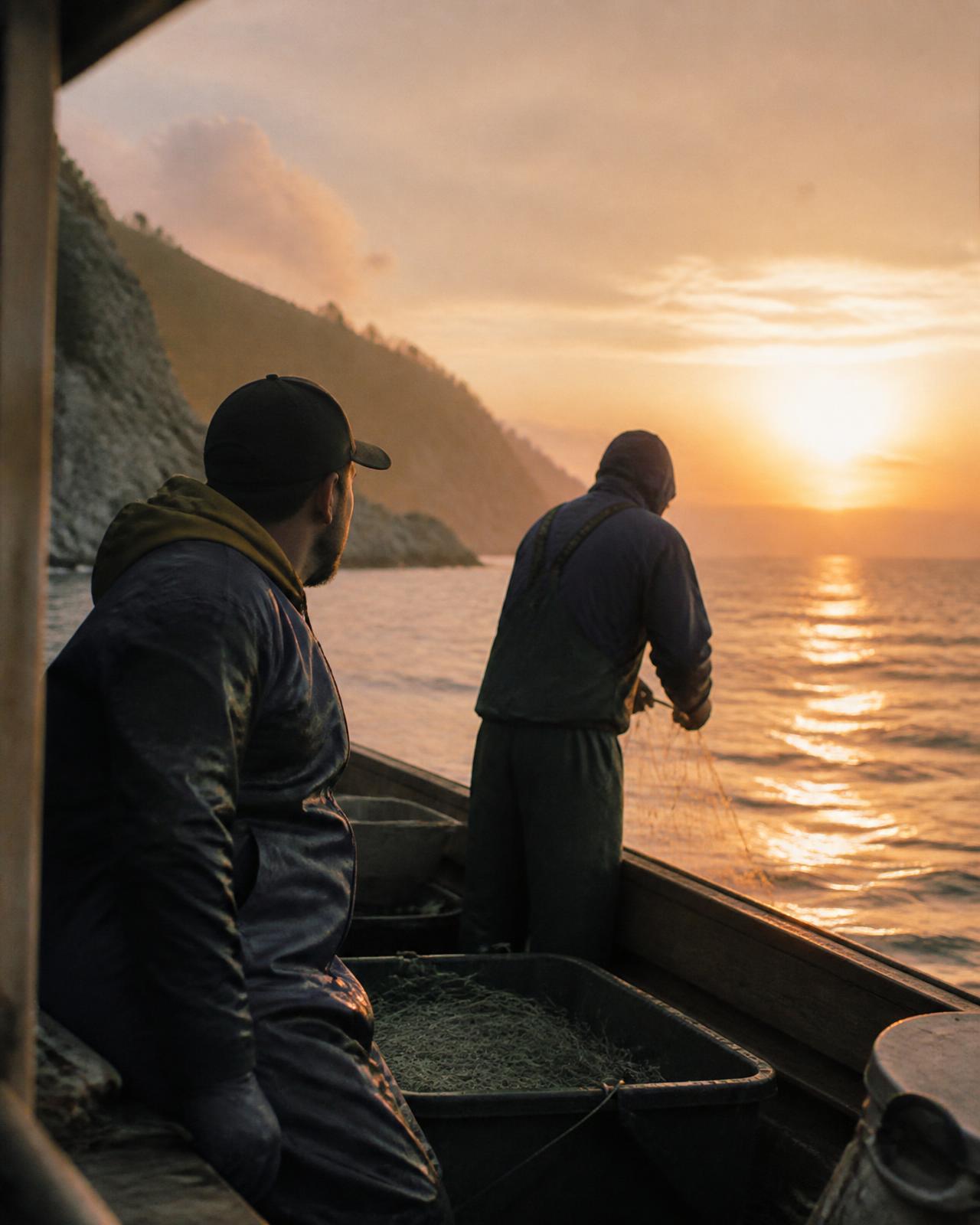 Two people fishing from a small wooden boat near a rugged coastline at sunrise