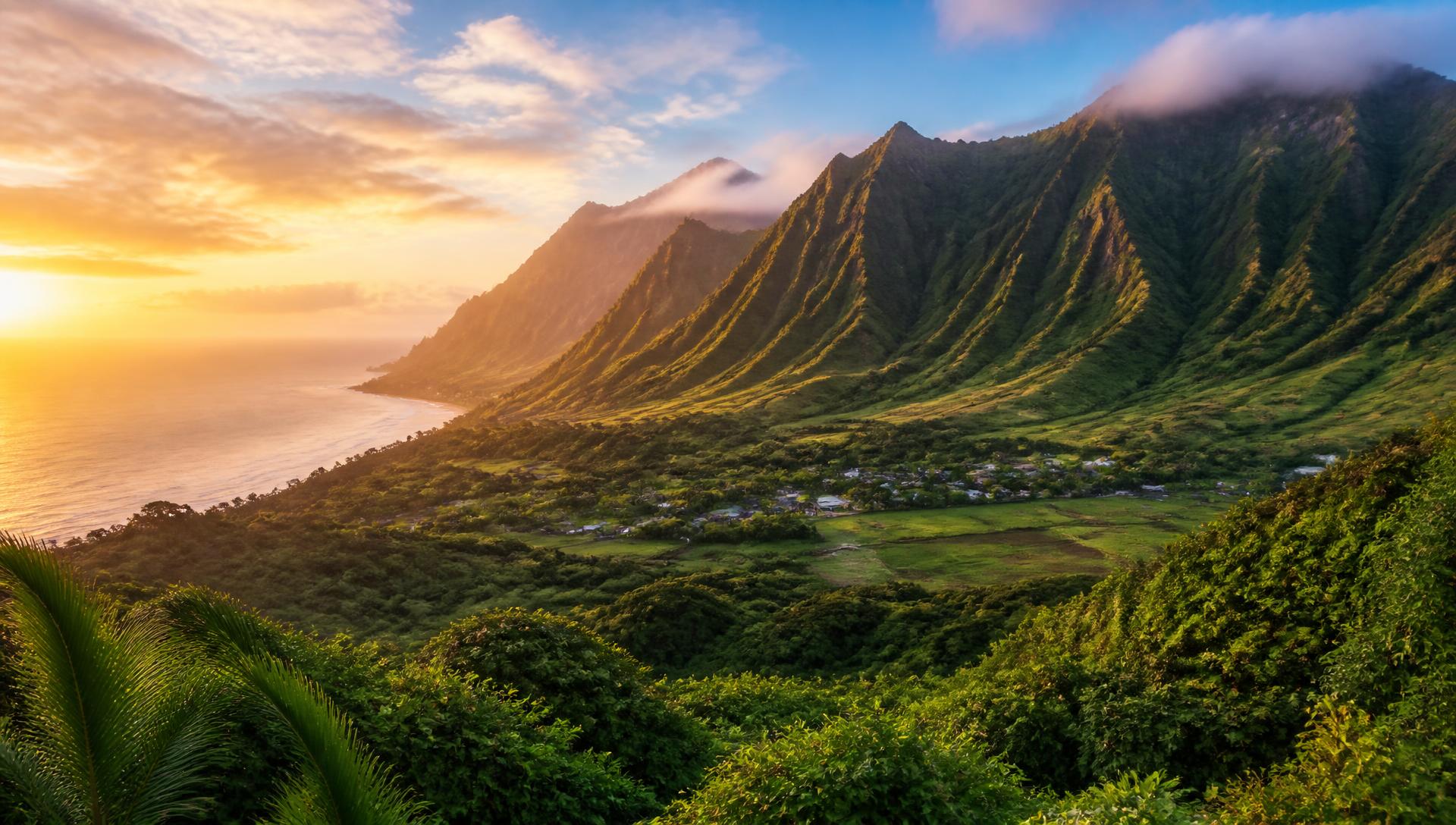 Green mountain ridges meeting a tropical coastline at sunrise with a small village in the valley